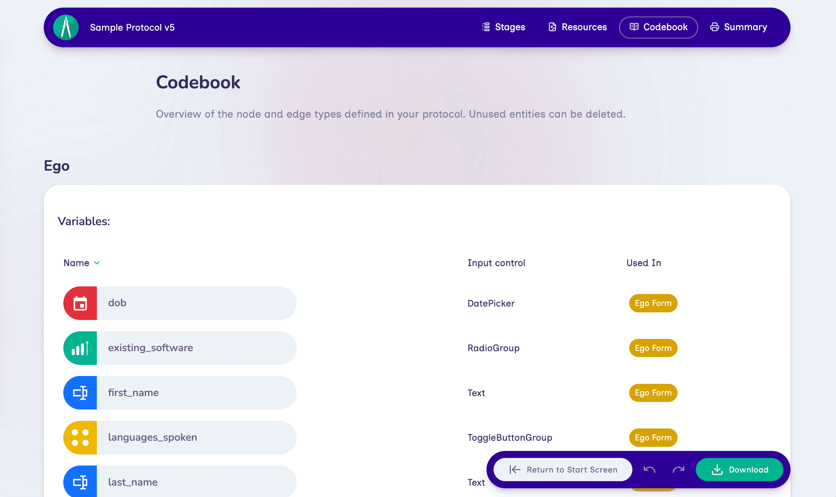 In Architect, the codebook is a dedicated page opened from the Codebook link in the top navigation bar