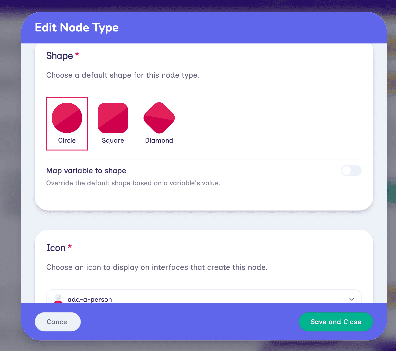 Editing a node type in Architect, where you can set its shape and icon in addition to its name and color