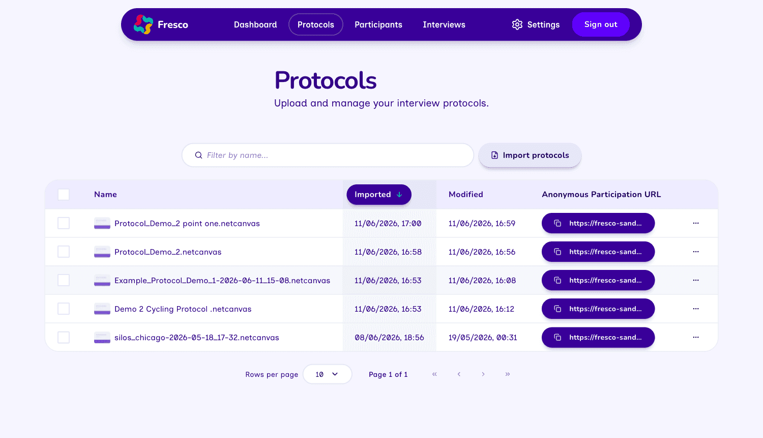 The protocols page in the dashboard.