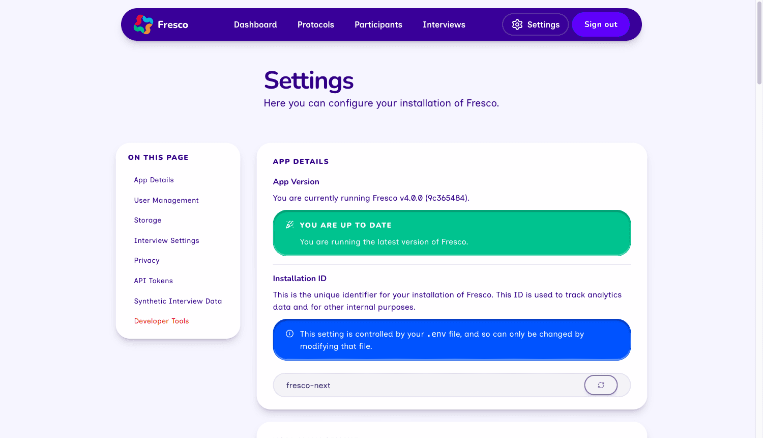 The settings page in the dashboard.