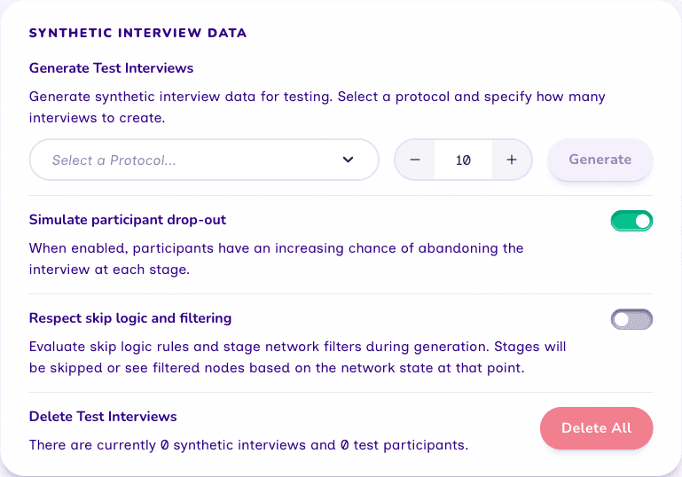 The Synthetic Interview Data panel on the settings page.