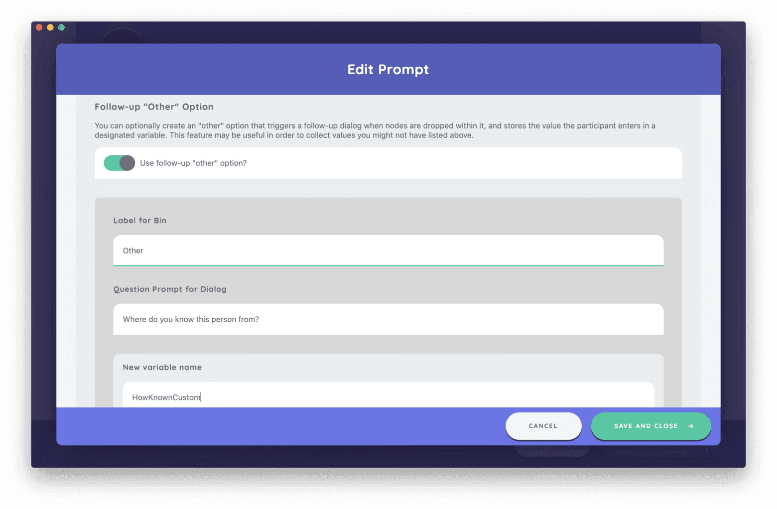 Configuring the 'other' variable for a categorical bin prompt