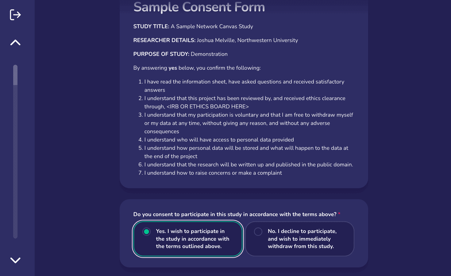 A participant consent form built using the Ego Form interface