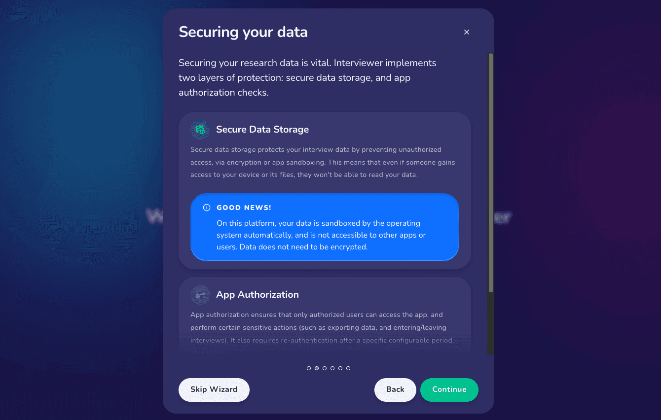 The 'Securing your data' step of the setup wizard