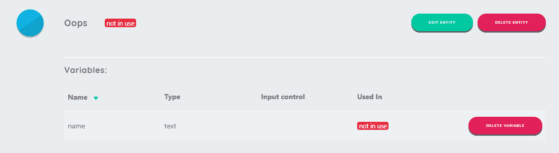 Variables marked 'not in use' and unused entity types can be deleted in the codebook view.